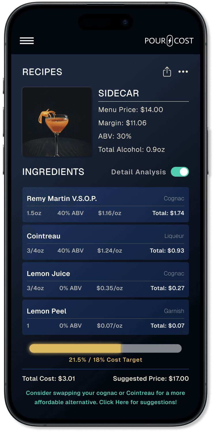 PourCost recipe screen showing a Sidecar cocktail with ingredient costs