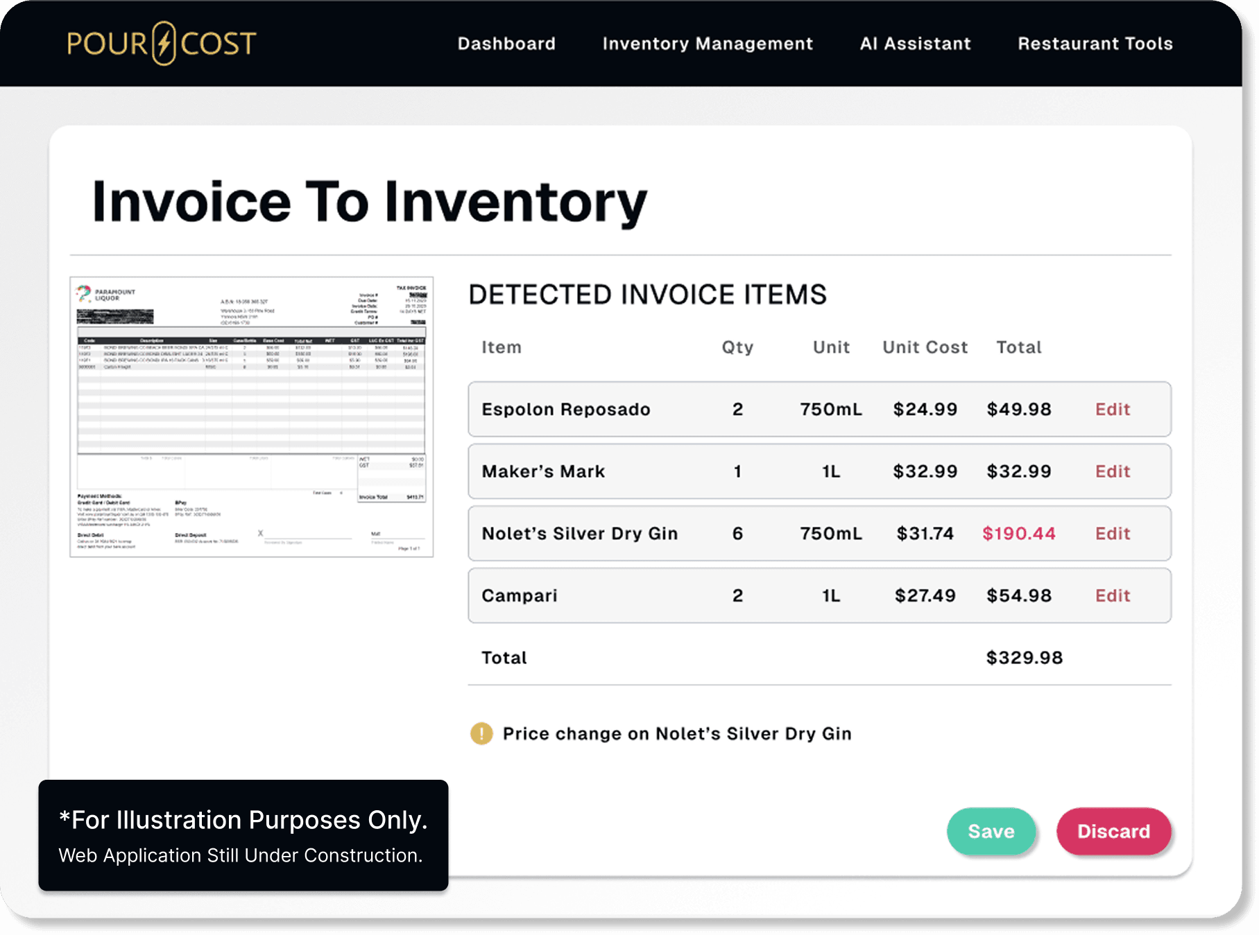 PourCost web dashboard showing invoice to inventory workflow